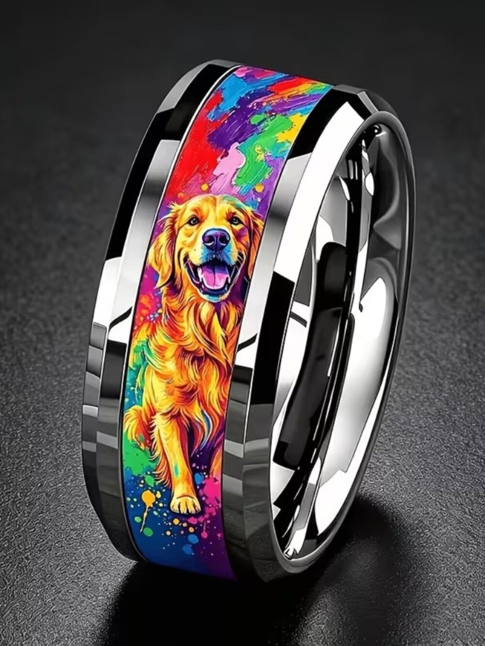Silver Stainless Steel Golden Retriever Dog Band Ring Size 7